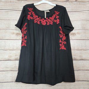 Forgotten Grace Womens Black Sheer Embroidered Blouse Polyester Size Medium